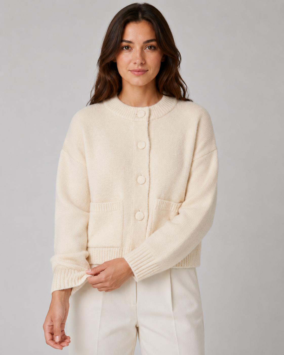 Women's Chunky Knit Cardigan - Cropped Button Front with Pockets