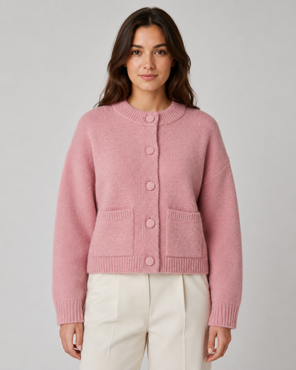 Women's Chunky Knit Cardigan - Cropped Button Front with Pockets
