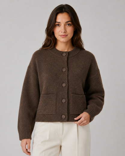 Women's Chunky Knit Cardigan - Cropped Button Front with Pockets