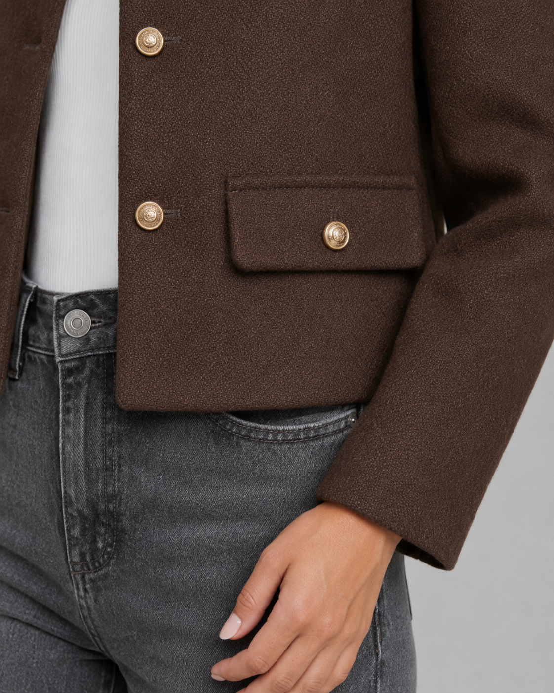 Women's Cropped Jacket - Collarless Button Front Jacket with Gold Buttons