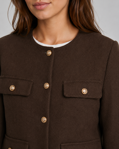 Women's Cropped Jacket - Collarless Button Front Jacket with Gold Buttons