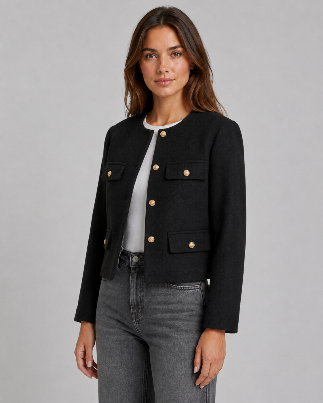 Women's Cropped Jacket - Collarless Button Front Jacket with Gold Buttons