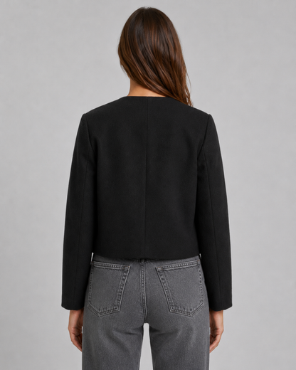 Women's Cropped Jacket - Collarless Button Front Jacket with Gold Buttons