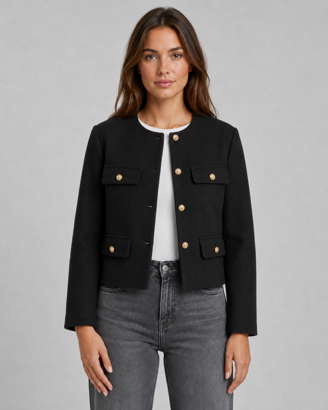 Women's Cropped Jacket - Collarless Button Front Jacket with Gold Buttons