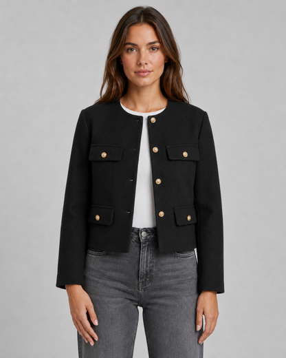 Women's Cropped Jacket - Collarless Button Front Jacket with Gold Buttons