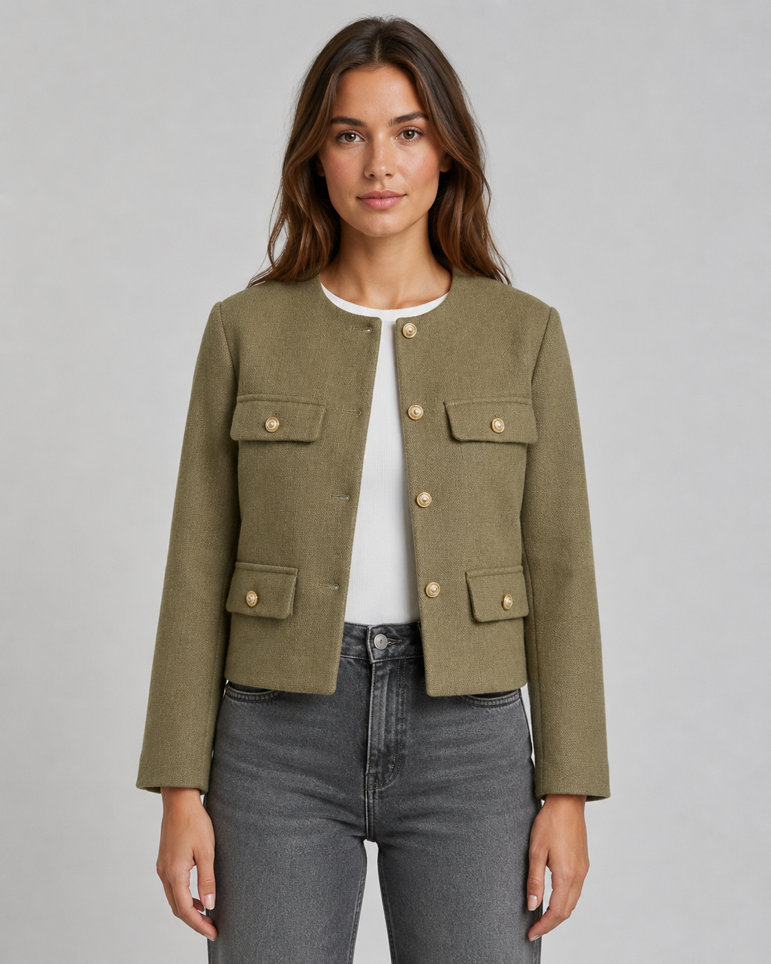 Women's Cropped Jacket - Collarless Button Front Jacket with Gold Buttons