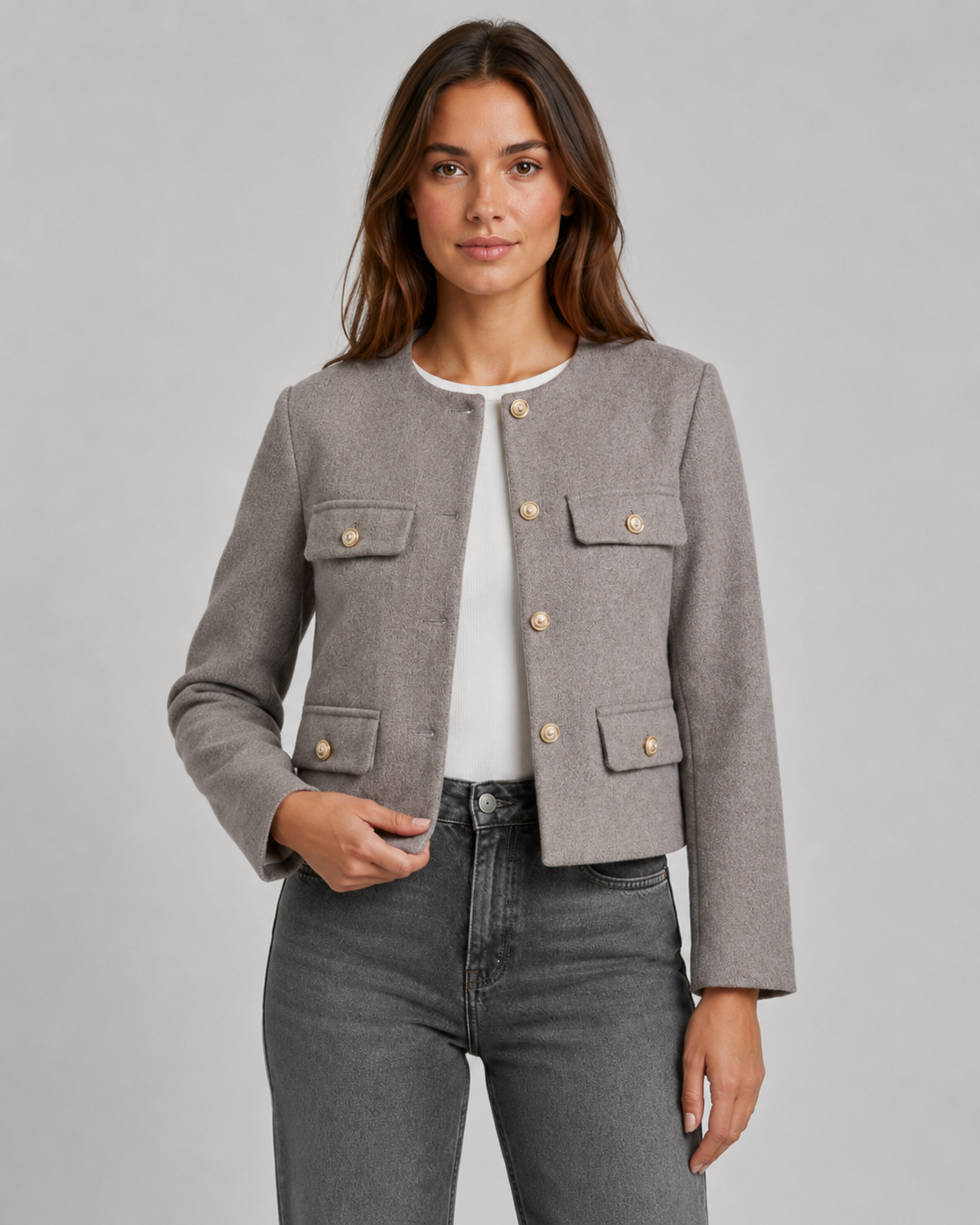 Women's Cropped Jacket - Collarless Button Front Jacket with Gold Buttons