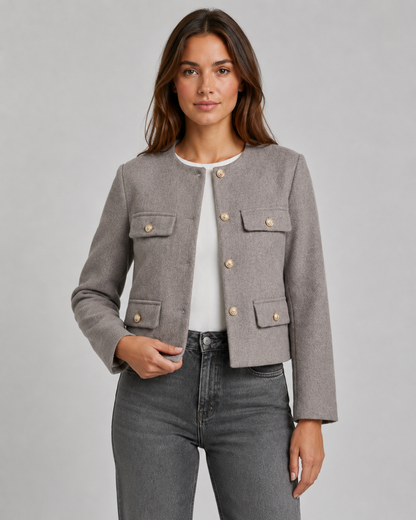 Women's Cropped Jacket - Collarless Button Front Jacket with Gold Buttons