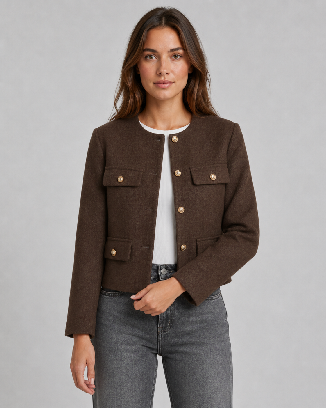 Women's Cropped Jacket - Collarless Button Front Jacket with Gold Buttons