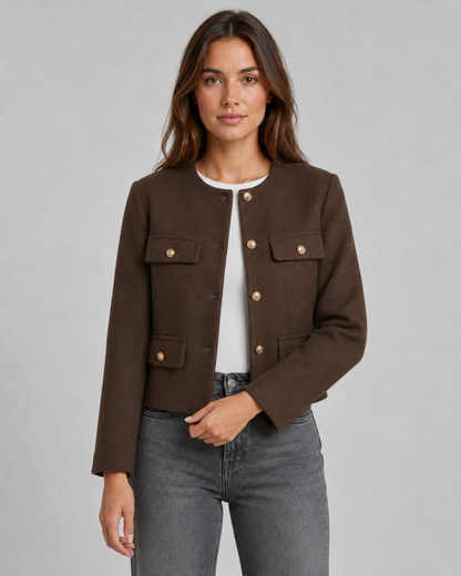 Women's Cropped Jacket - Collarless Button Front Jacket with Gold Buttons