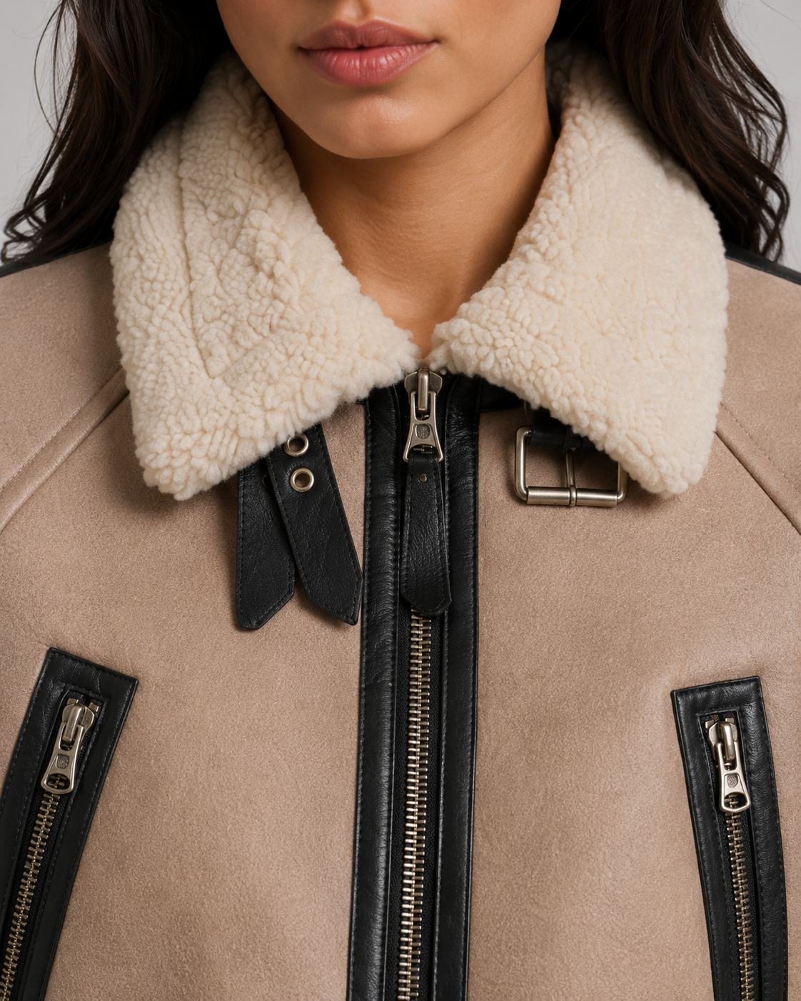 Women's Aviator Jacket - Faux Leather Shearling Collar