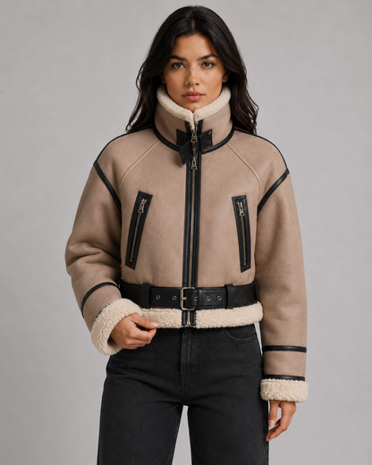 Women's Aviator Jacket - Faux Leather Shearling Collar