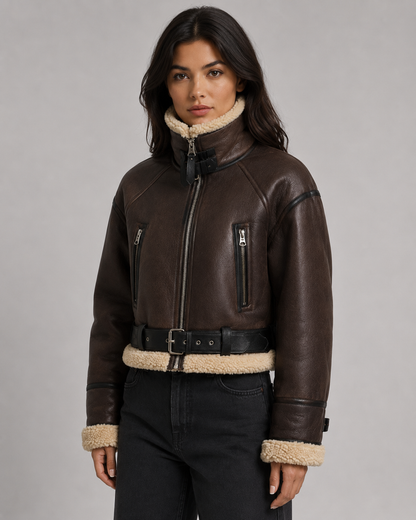Women's Aviator Jacket - Faux Leather Shearling Collar