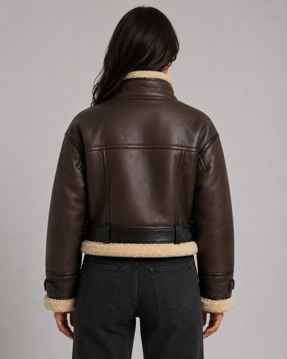 Women's Aviator Jacket - Faux Leather Shearling Collar
