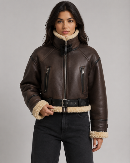 Women's Aviator Jacket - Faux Leather Shearling Collar