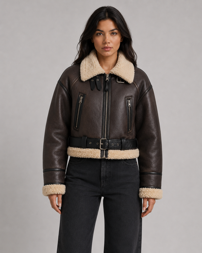 Women's Aviator Jacket - Faux Leather Shearling Collar