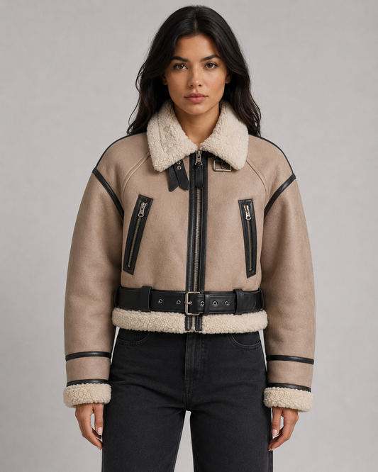 Women's Aviator Jacket - Faux Leather Shearling Collar