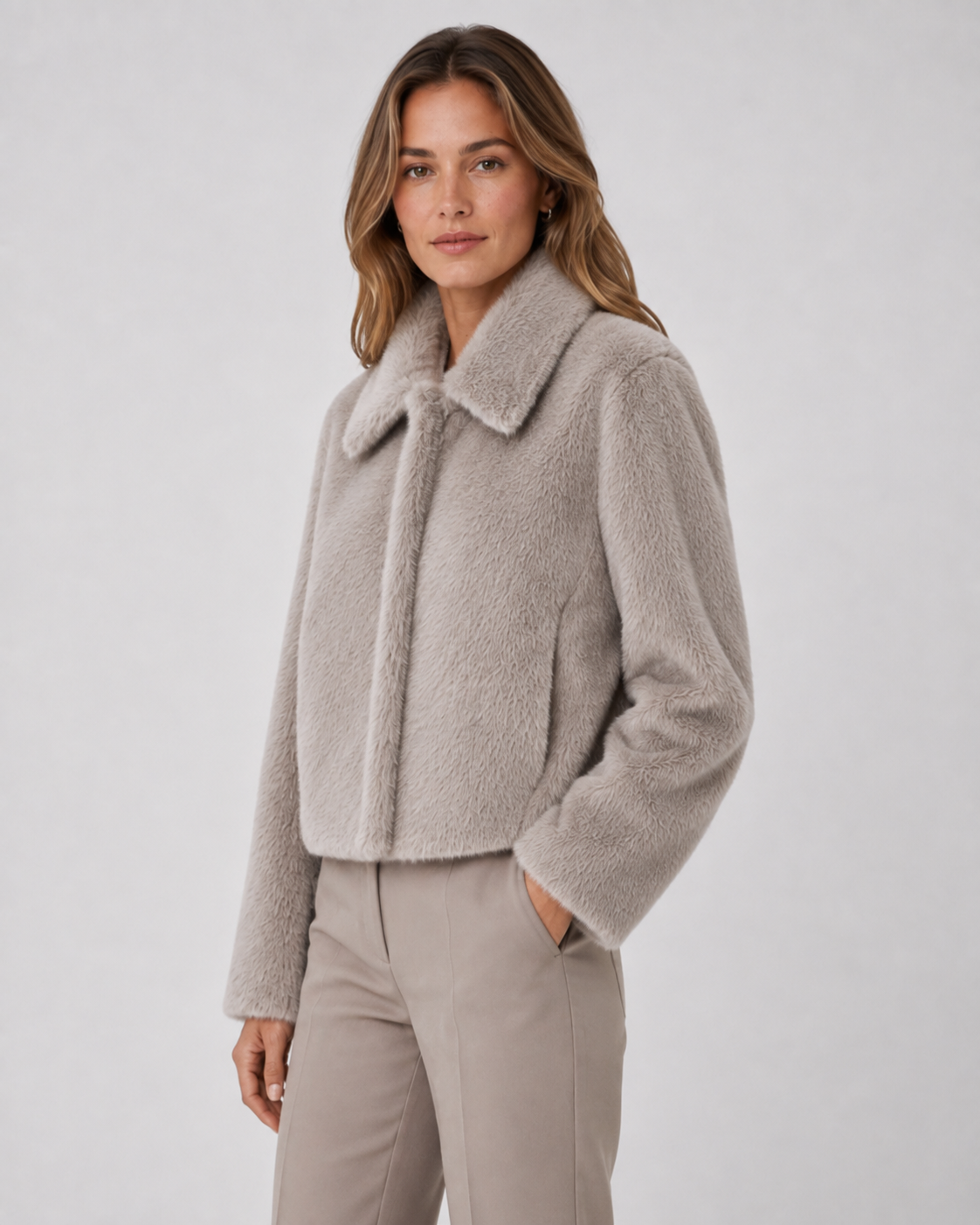 Women's Faux Fur Jacket - Cropped Wide Collar Winter Coat