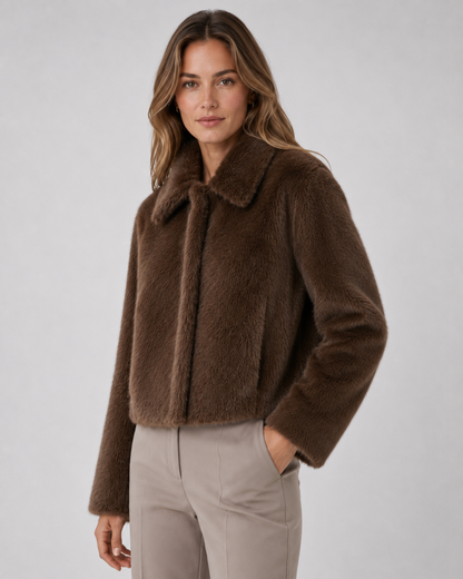 Women's Faux Fur Jacket - Cropped Wide Collar Winter Coat