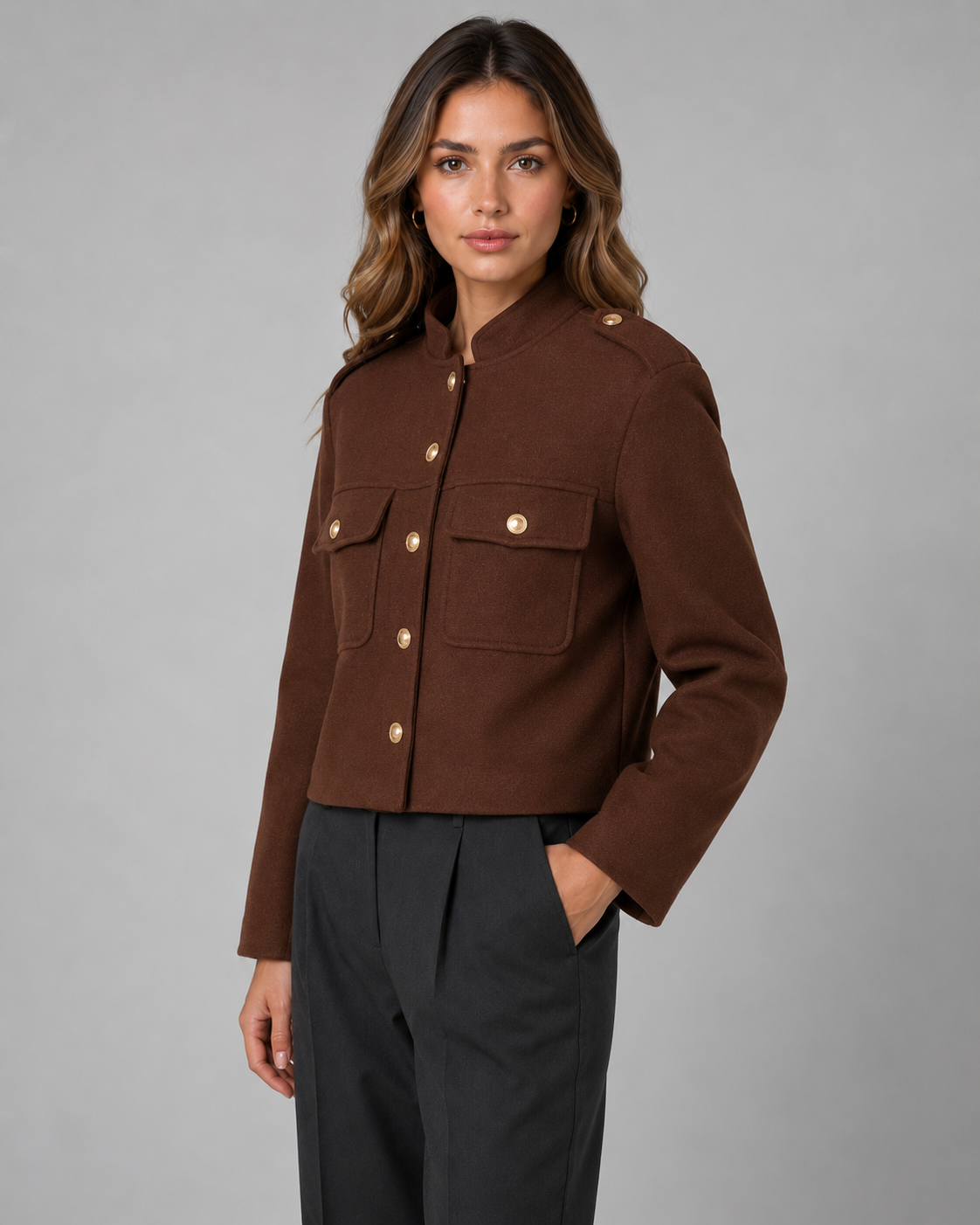 Women's Cropped Jacket - Gold Button Stand Collar Coat