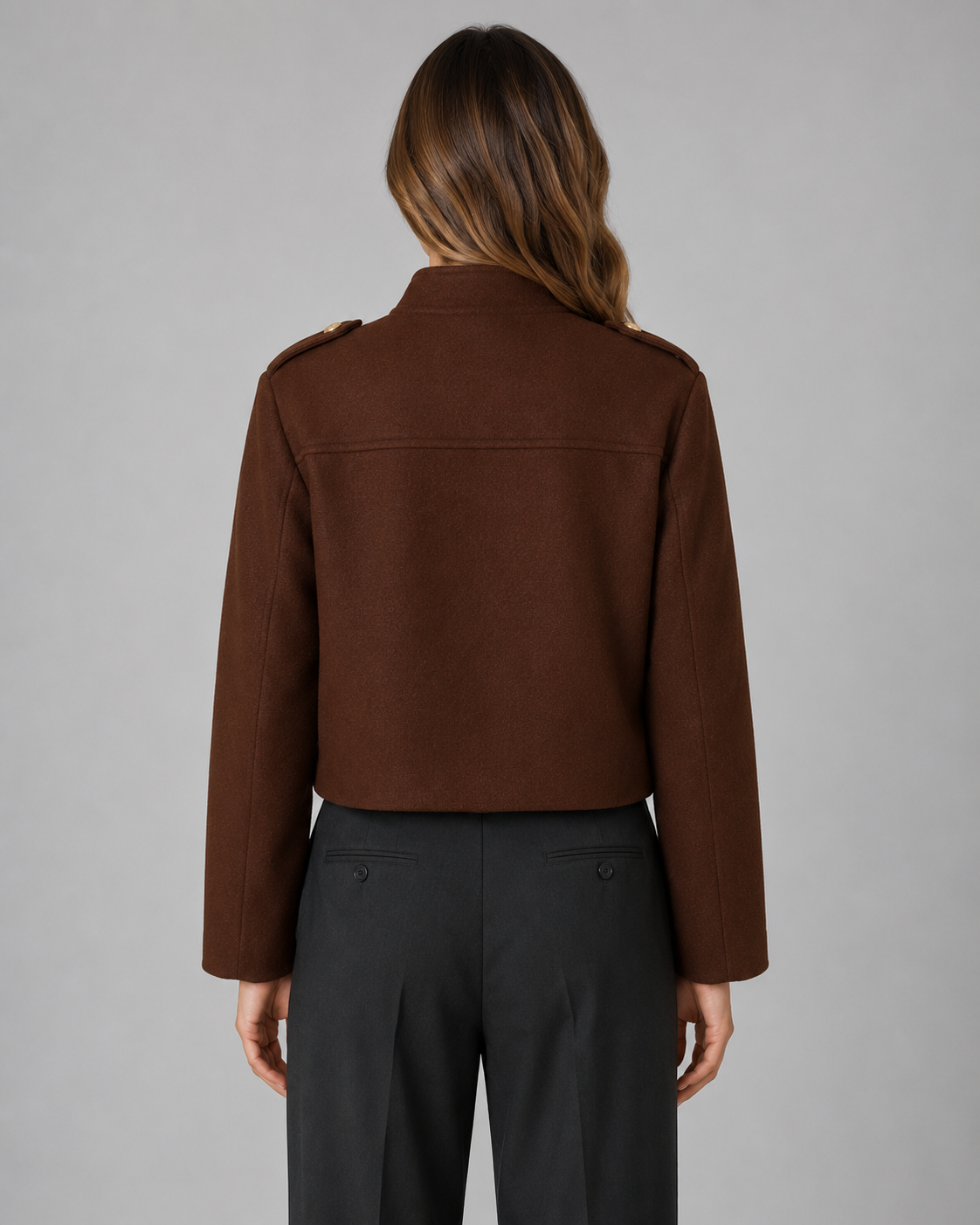 Women's Cropped Jacket - Gold Button Stand Collar Coat
