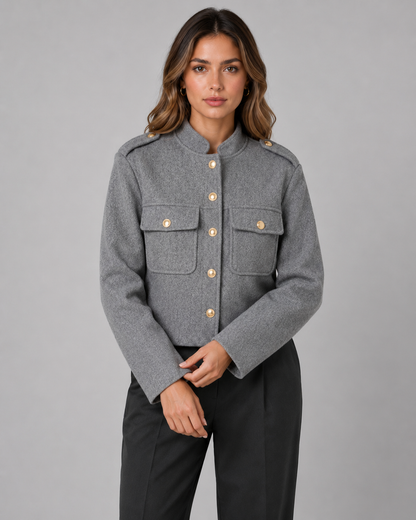 Women's Cropped Jacket - Gold Button Stand Collar Coat