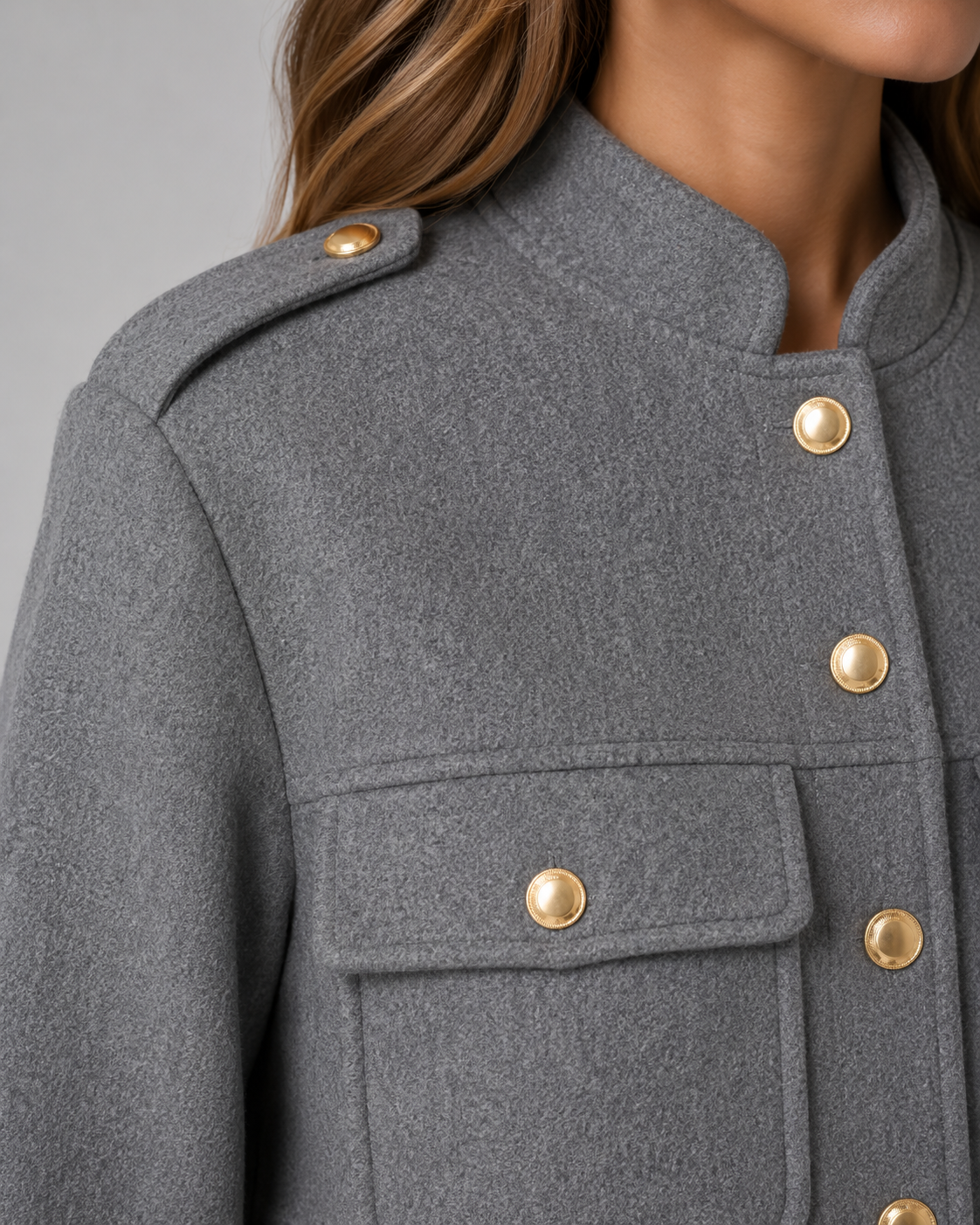Women's Cropped Jacket - Gold Button Stand Collar Coat