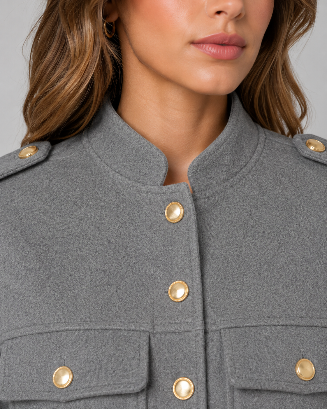 Women's Cropped Jacket - Gold Button Stand Collar Coat