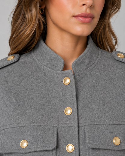 Women's Cropped Jacket - Gold Button Stand Collar Coat