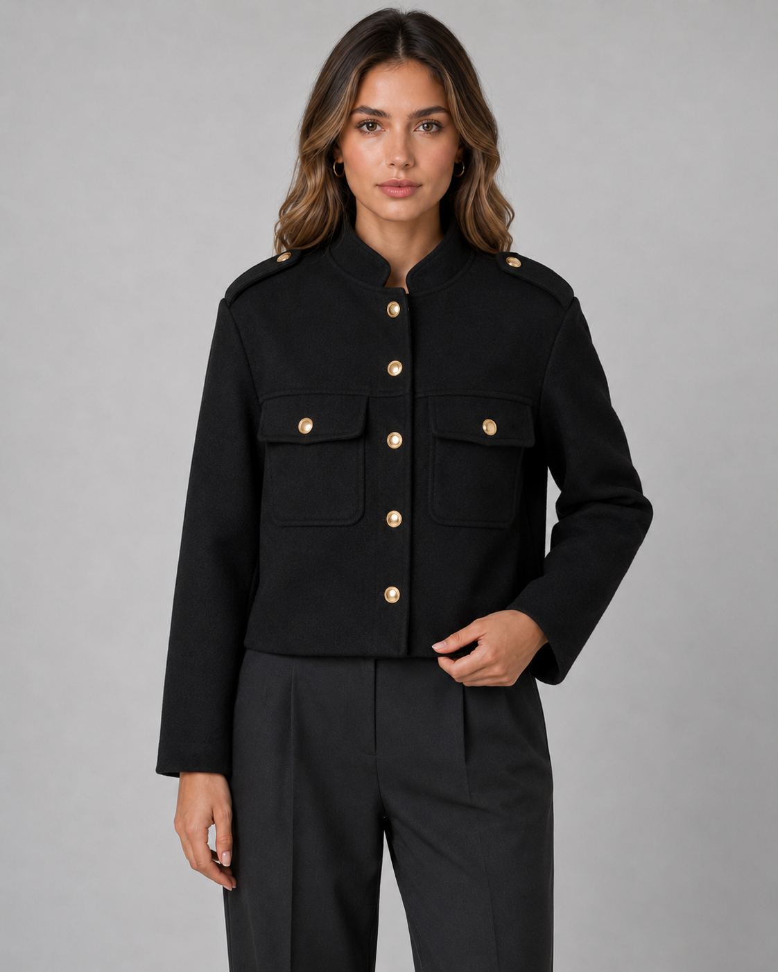 Women's Cropped Jacket - Gold Button Stand Collar Coat