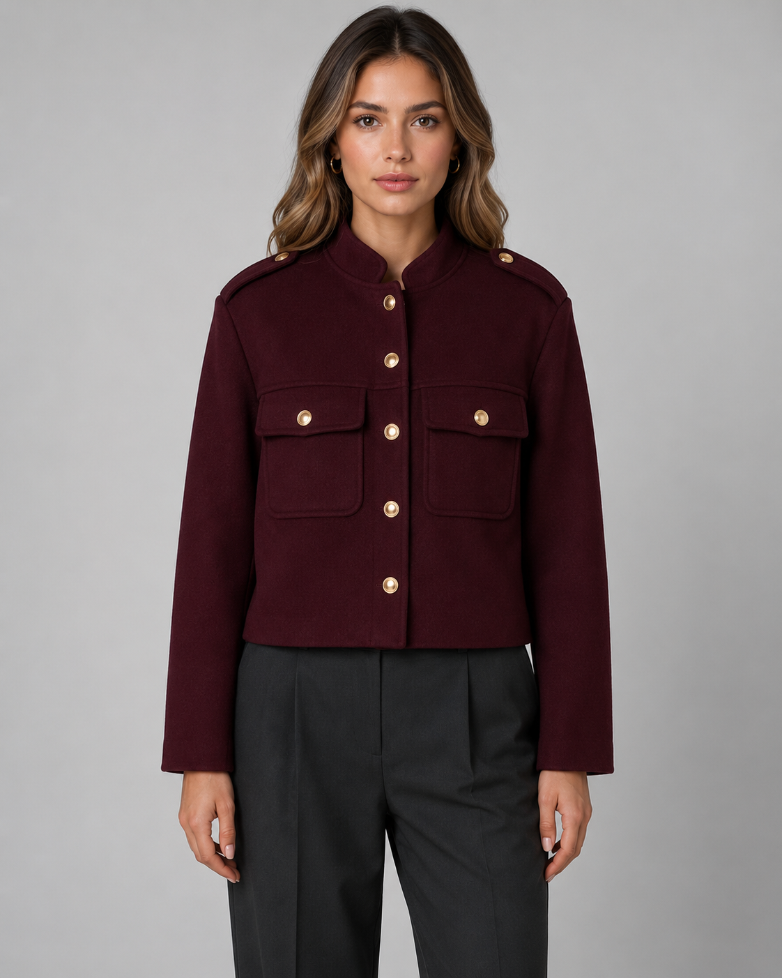 Women's Cropped Jacket - Gold Button Stand Collar Coat