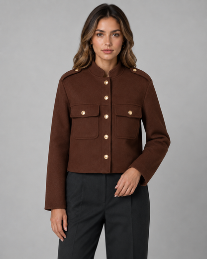 Women's Cropped Jacket - Gold Button Stand Collar Coat