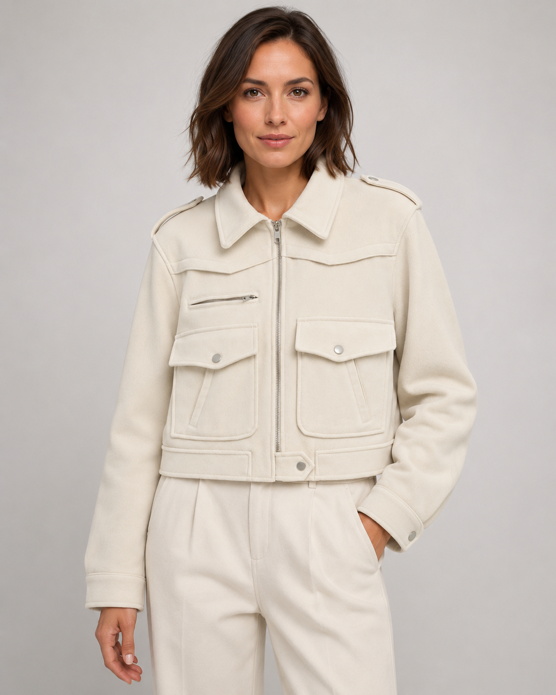 Women's Suede Jacket - Cropped Zip Up Jacket with Pockets