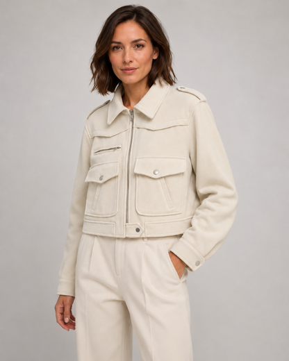 Women's Suede Jacket - Cropped Zip Up Jacket with Pockets
