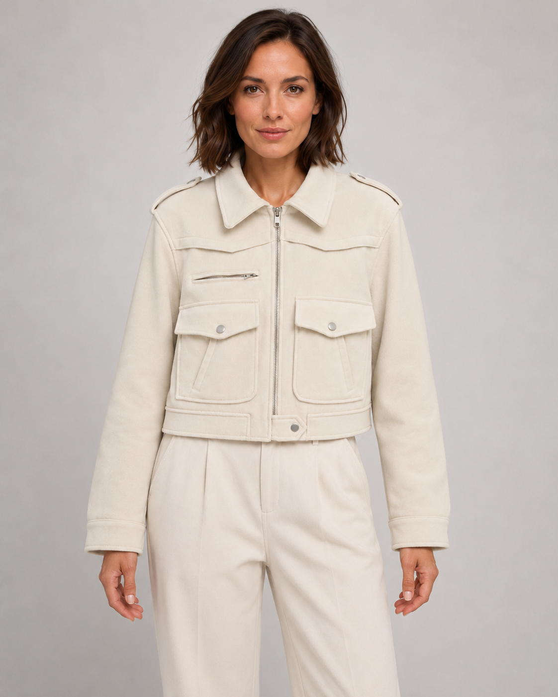 Women's Suede Jacket - Cropped Zip Up Jacket with Pockets