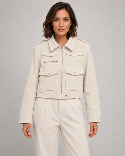 Women's Suede Jacket - Cropped Zip Up Jacket with Pockets