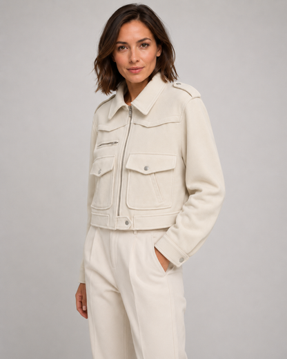 Women's Suede Jacket - Cropped Zip Up Jacket with Pockets