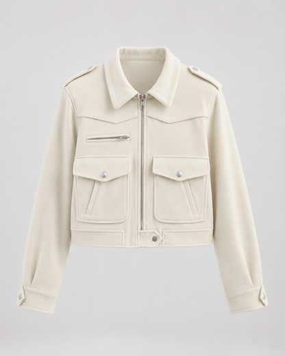 Women's Suede Jacket - Cropped Zip Up Jacket with Pockets