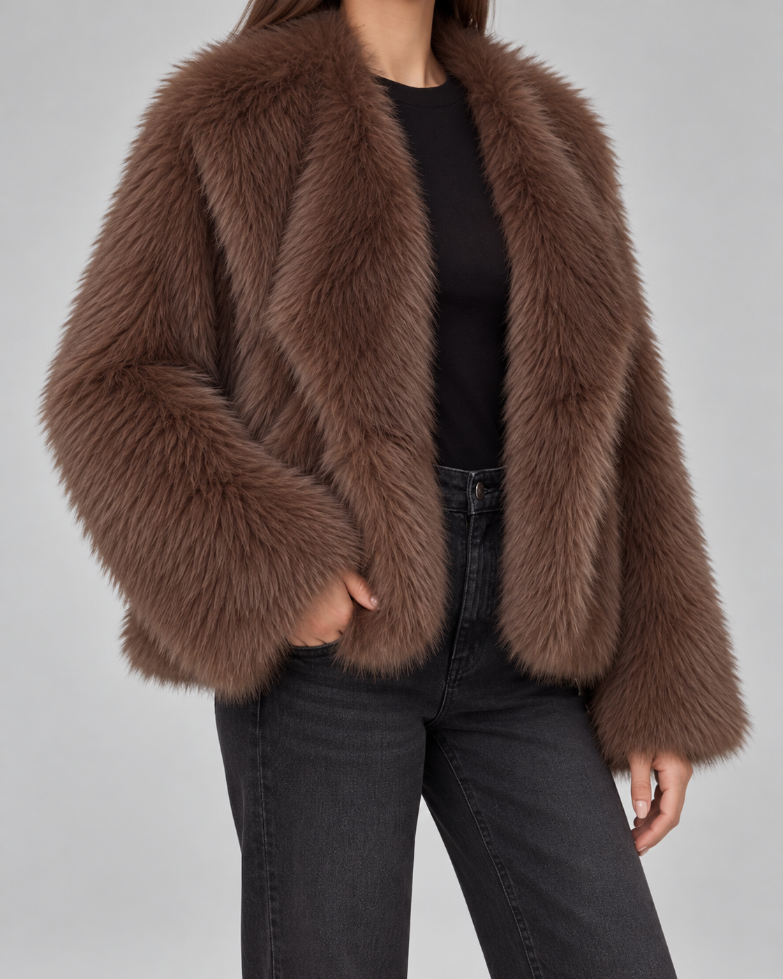 Women's Faux Fur Jacket - Brown Cropped Winter Coat