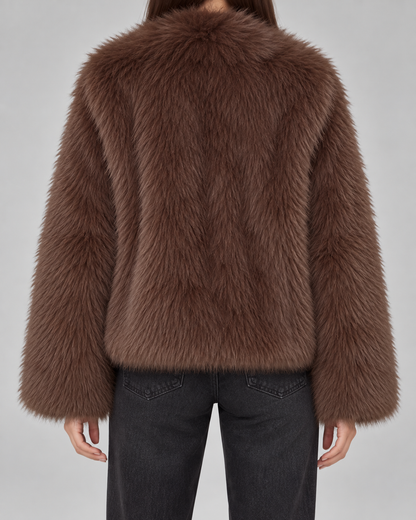Women's Faux Fur Jacket - Brown Cropped Winter Coat