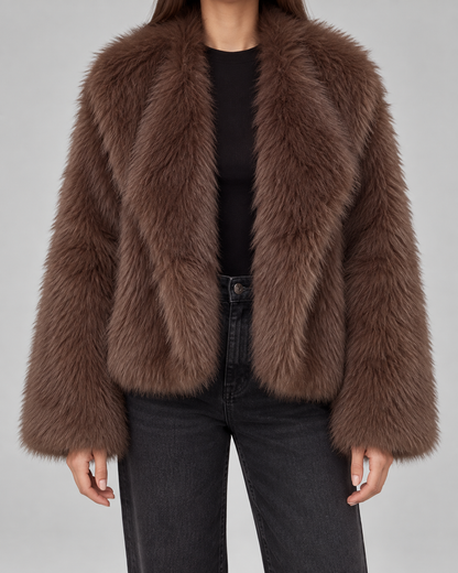 Women's Faux Fur Jacket - Brown Cropped Winter Coat