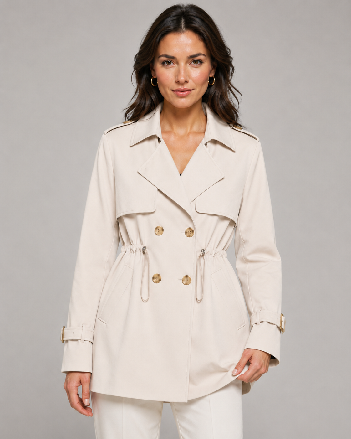 Women's Short Trench Coat - Double Breasted Belted Jacket
