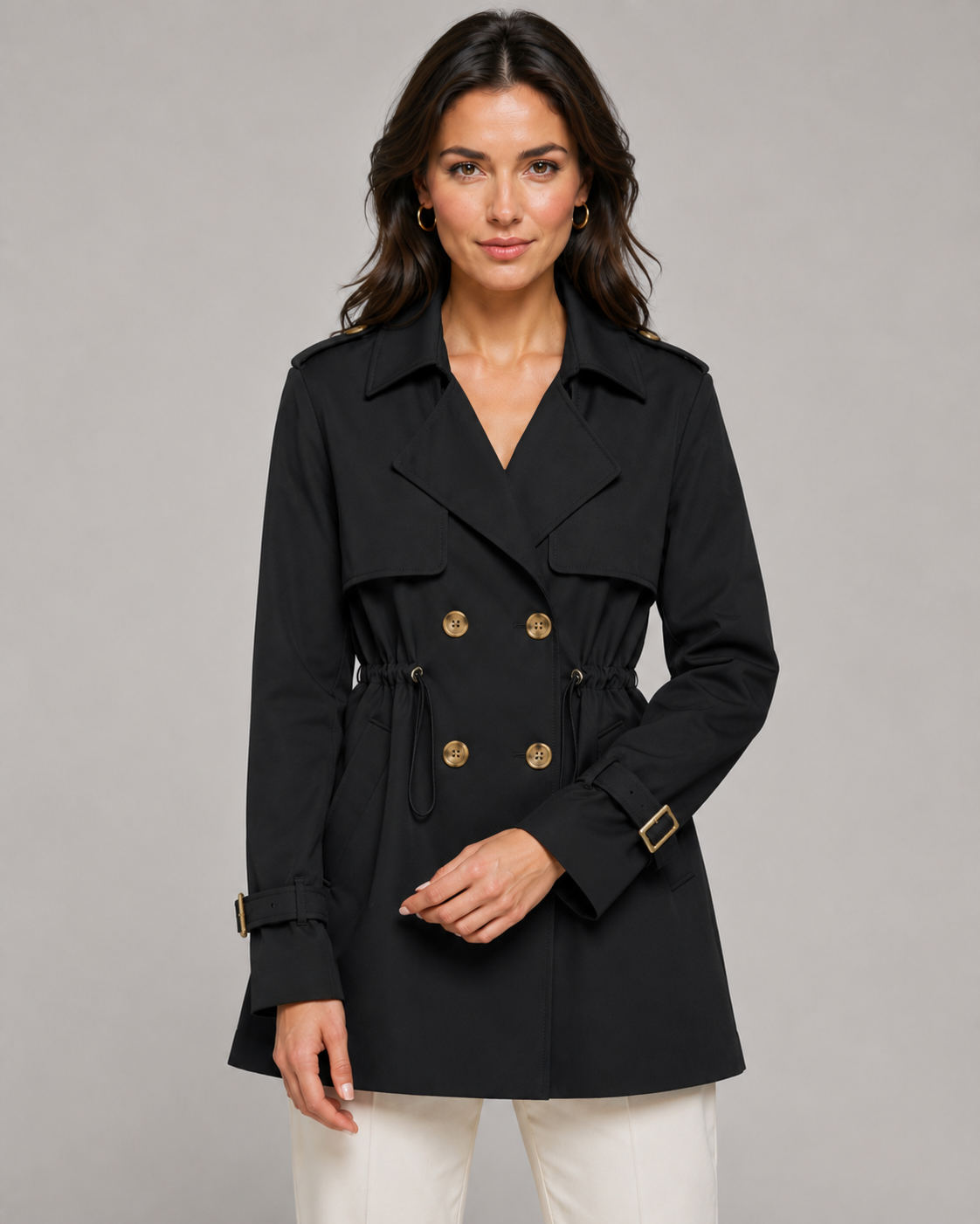 Women's Short Trench Coat - Double Breasted Belted Jacket