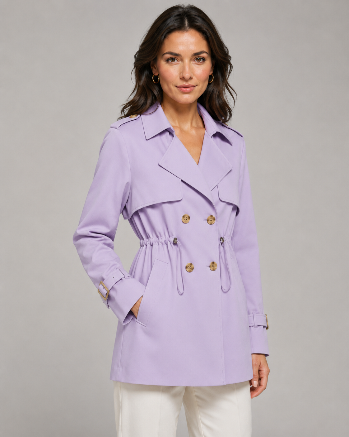 Women's Short Trench Coat - Double Breasted Belted Jacket