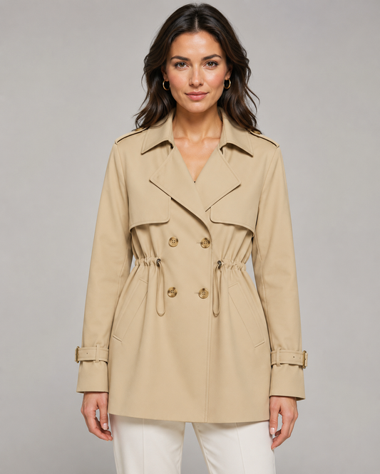 Women's Short Trench Coat - Double Breasted Belted Jacket