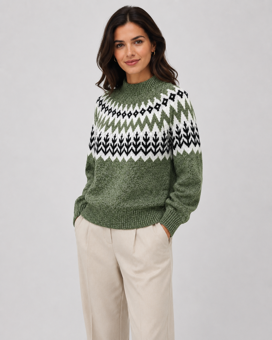 Women's Fair Isle Sweater - Mock Neck Ribbed Knit