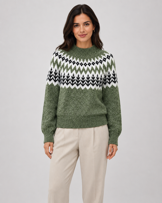 Women's Fair Isle Sweater - Mock Neck Ribbed Knit