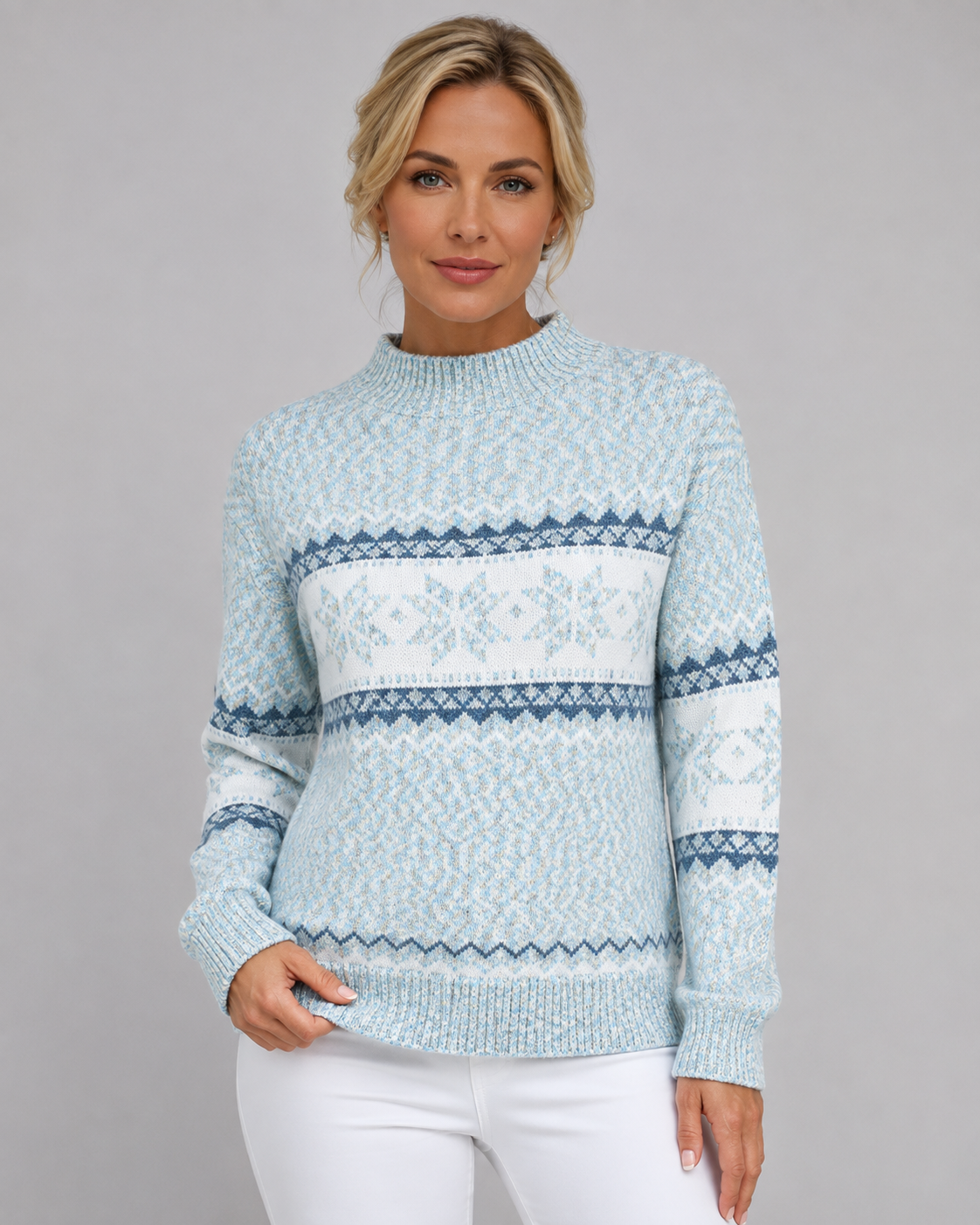 Women's Fair Isle Sweater - Ribbed Mock Neck Knit