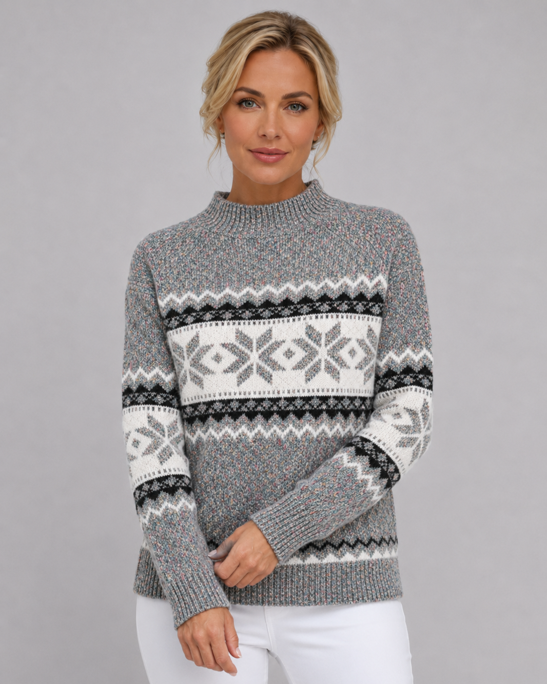 Women's Fair Isle Sweater - Ribbed Mock Neck Knit
