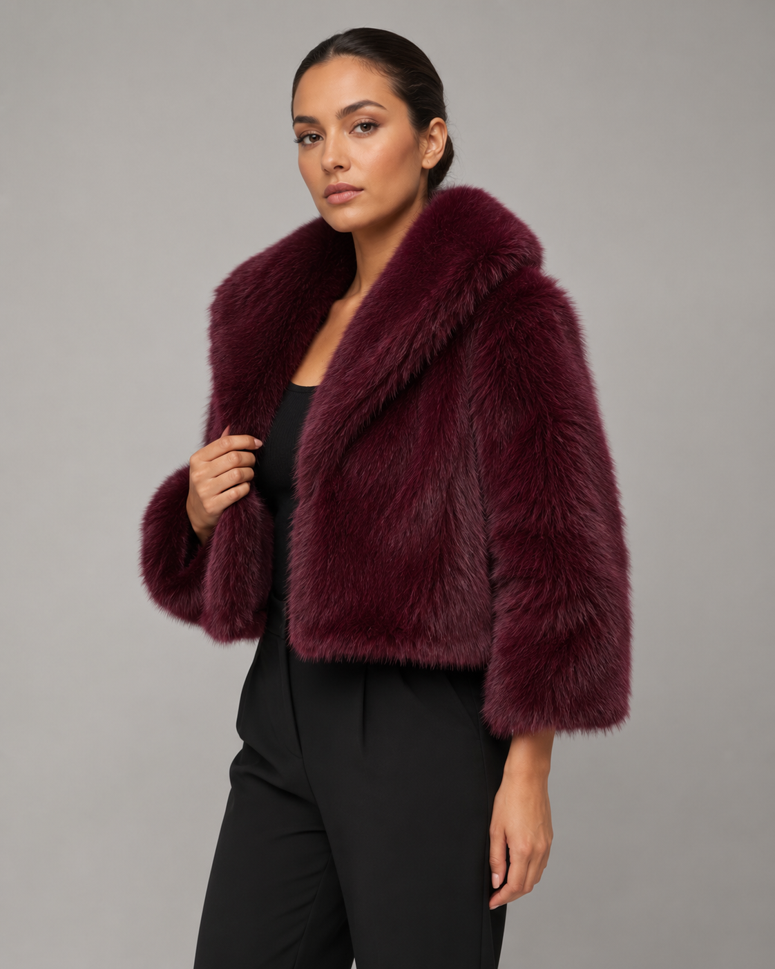 Women's Faux Fur Jacket - Cropped Wide Collar Winter Jacket